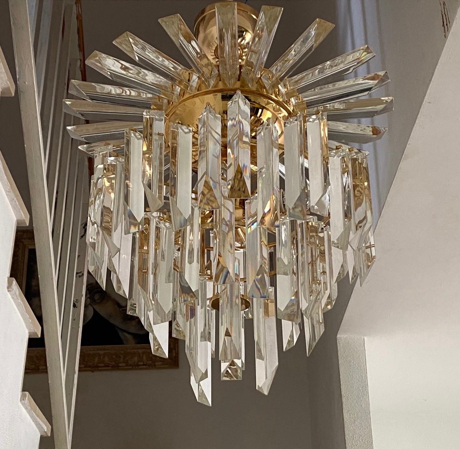 Brass Gold-Plated and Crystal Glass Chandelier For Sale