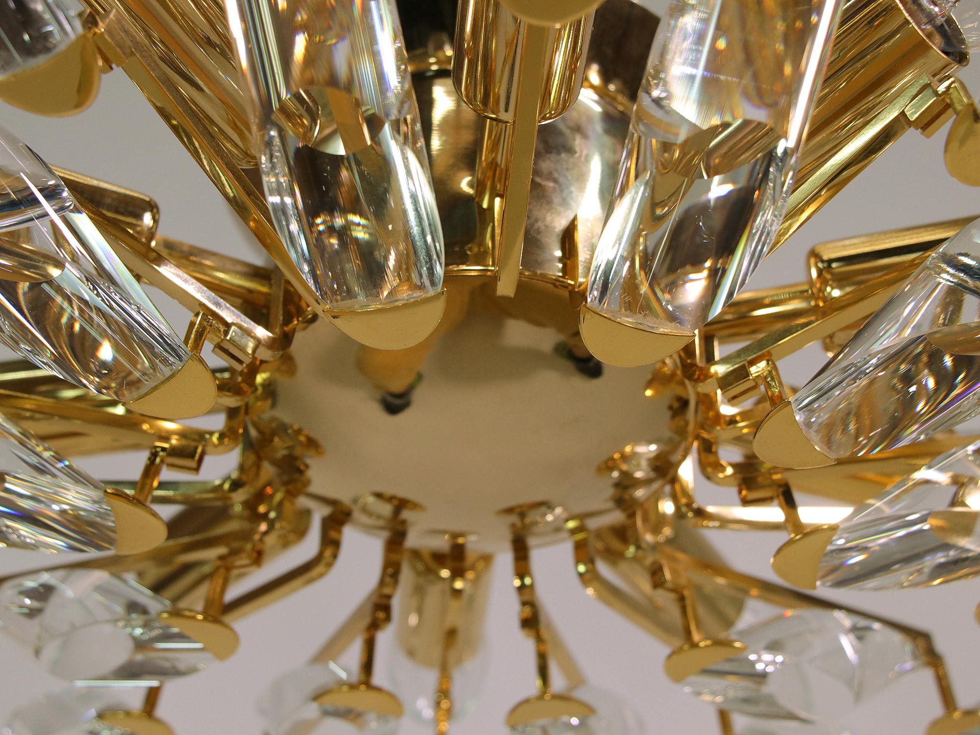 Gold Plate 1970s Italy Stilkronen Flush Mount Chandelier Crystal Glass & Gilt Brass 