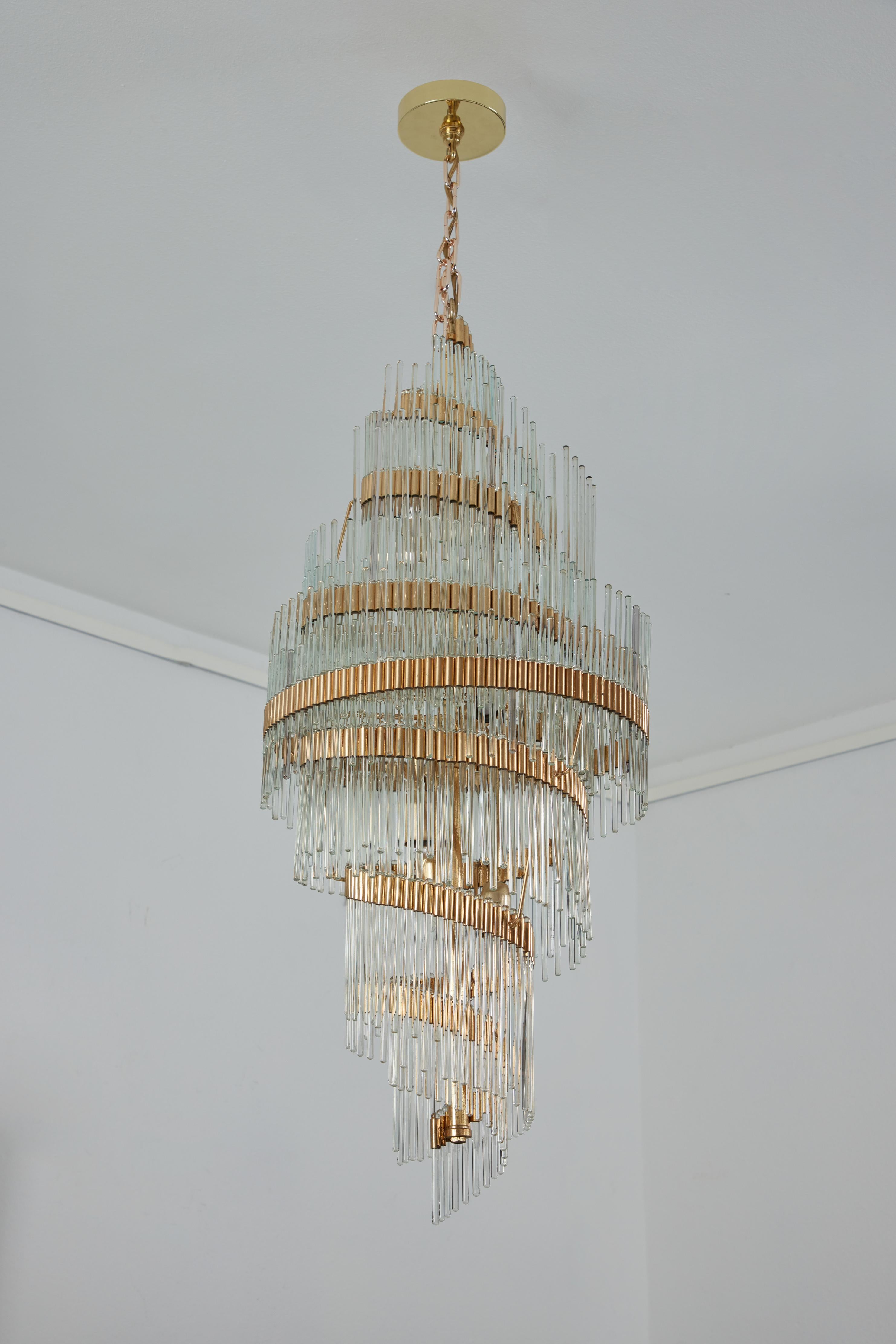 Italian Gold Plated and Crystal Rod Chandelier Attributed to Sciolari, Italy, 1960-70s For Sale