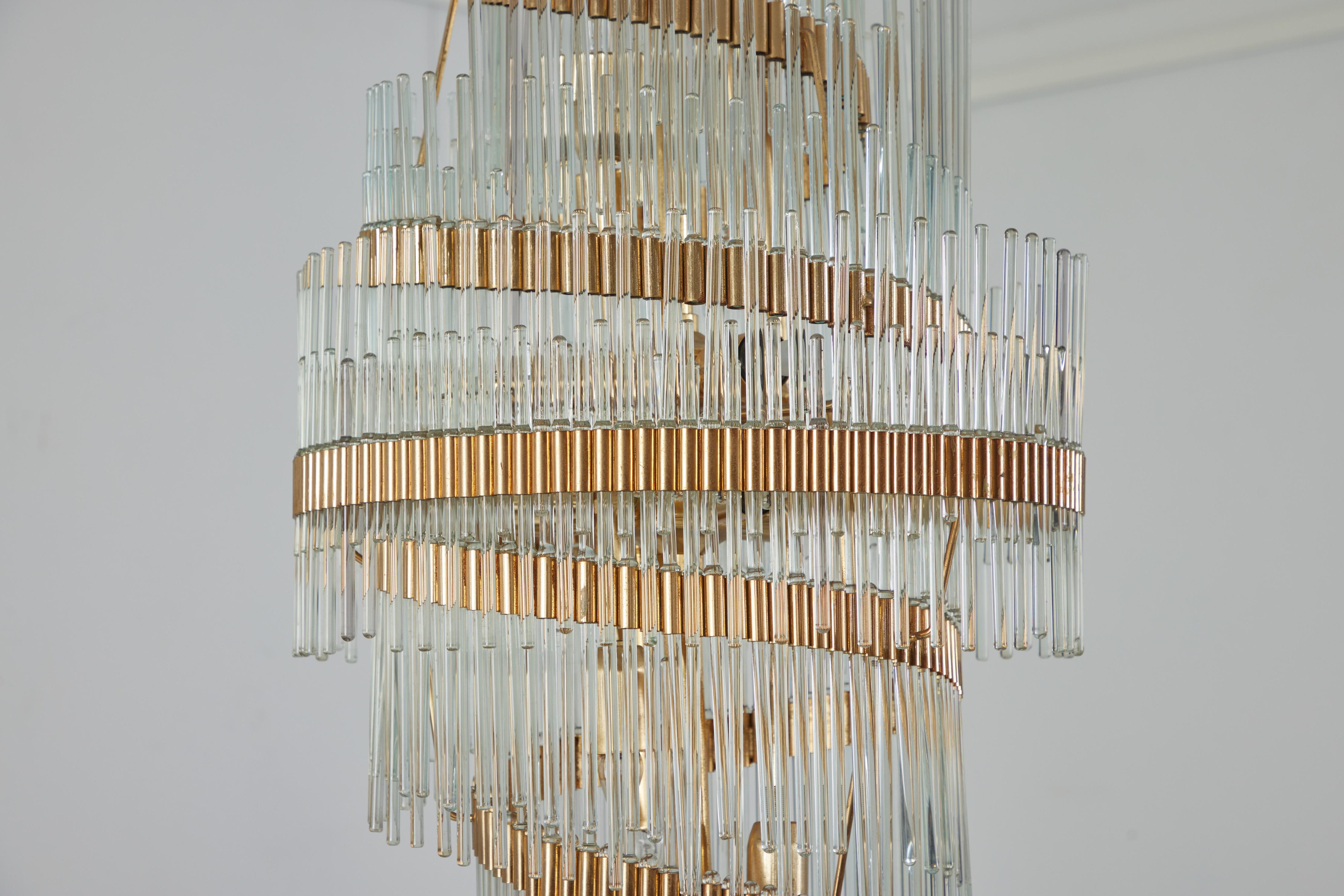 Glass Gold Plated and Crystal Rod Chandelier Attributed to Sciolari, Italy, 1960-70s For Sale
