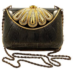 Gold Plated and Dark Grey Metal Evening Bag with Crystals 