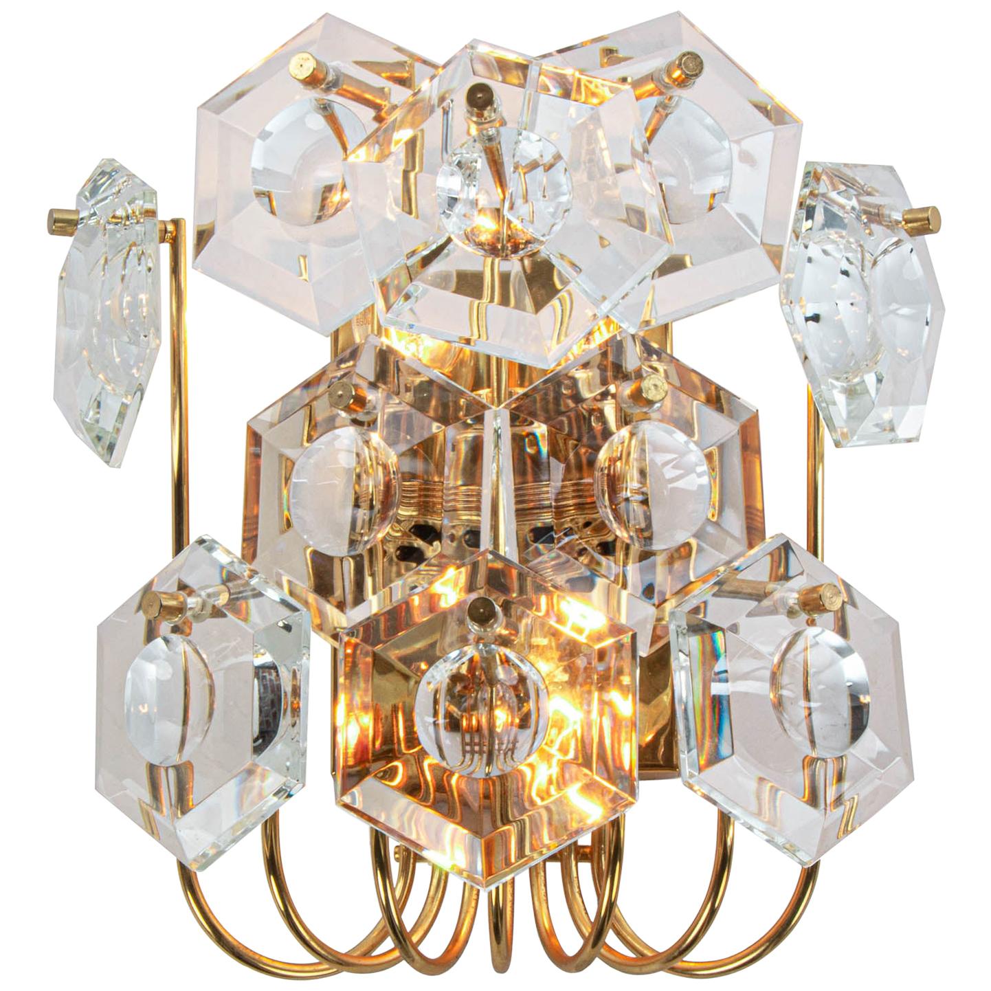 1960s Germany Kinkeldey Wall Sconce Faceted Crystals & Gilt Brass