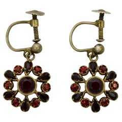 Antique Gold Plated and Faux Garnet Screw Back Drop Earrings circa 1920s
