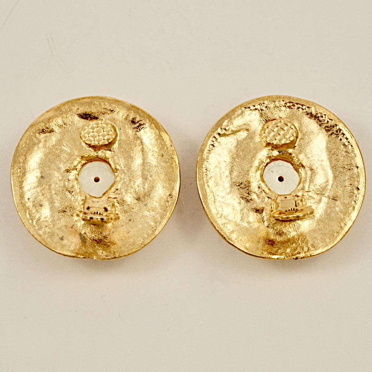 Gold Plated and Faux Pearl Clip On Statement Earrings circa 1980s For Sale 1