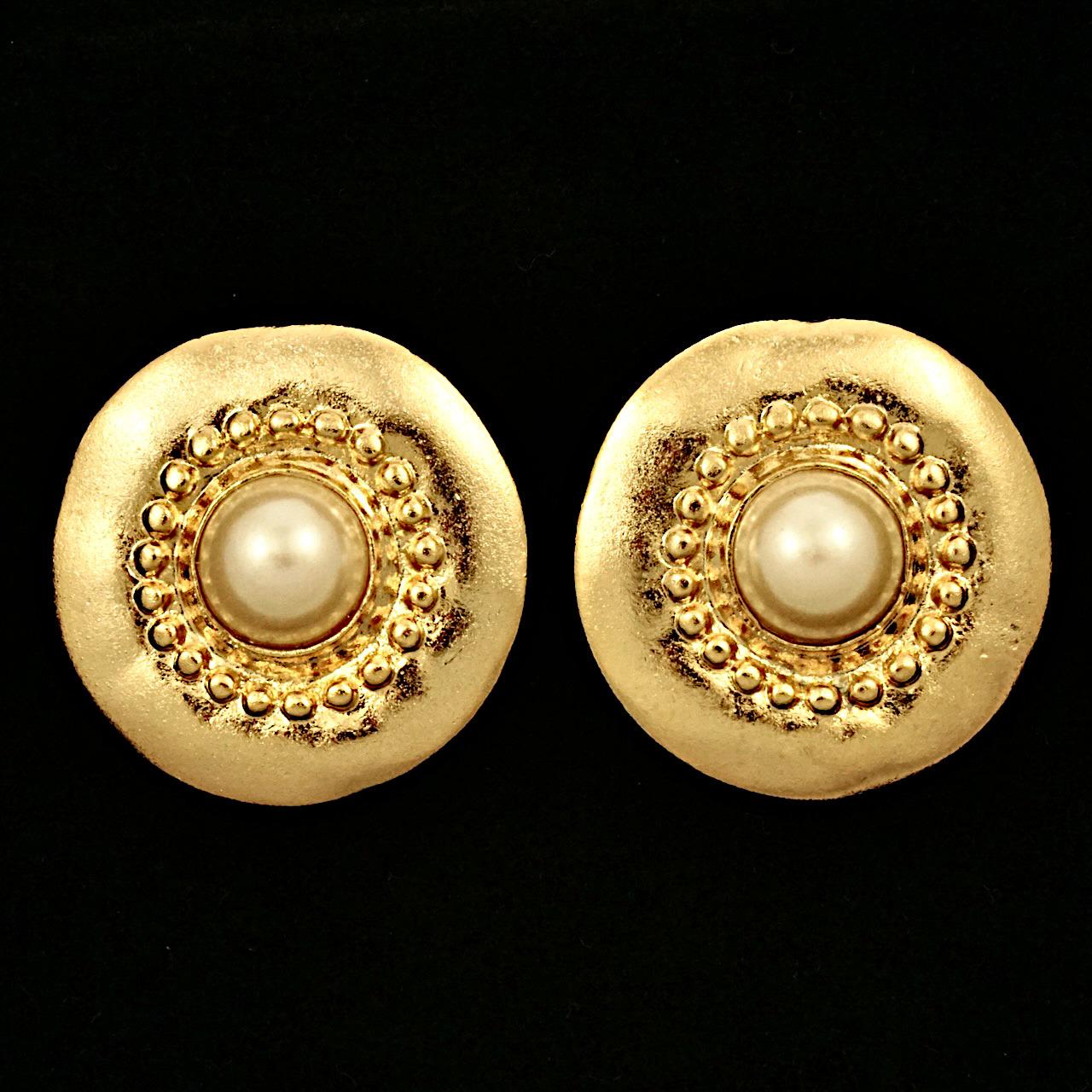 Gold Plated and Faux Pearl Clip On Statement Earrings circa 1980s For Sale 2