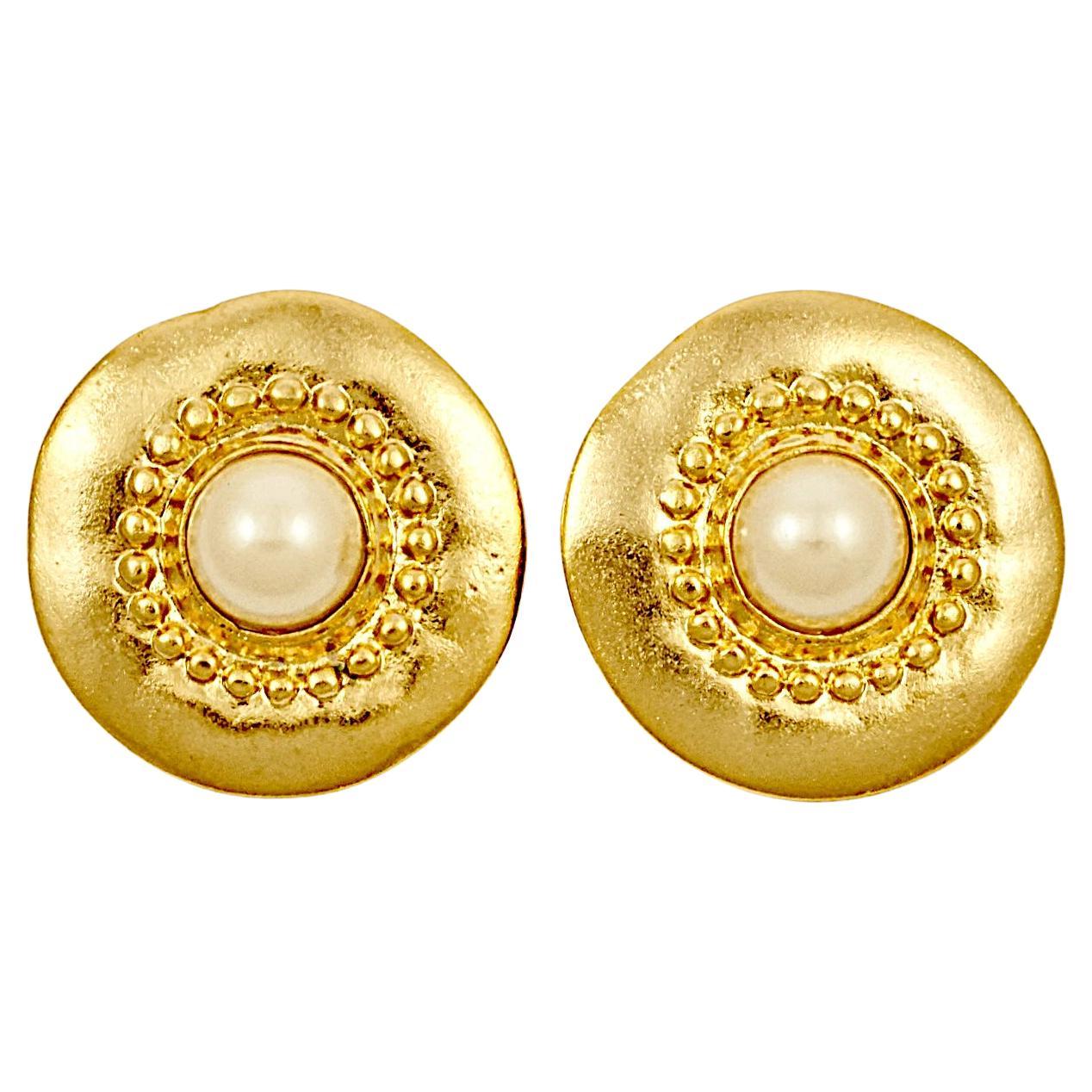 Gold Plated and Faux Pearl Clip On Statement Earrings circa 1980s For Sale