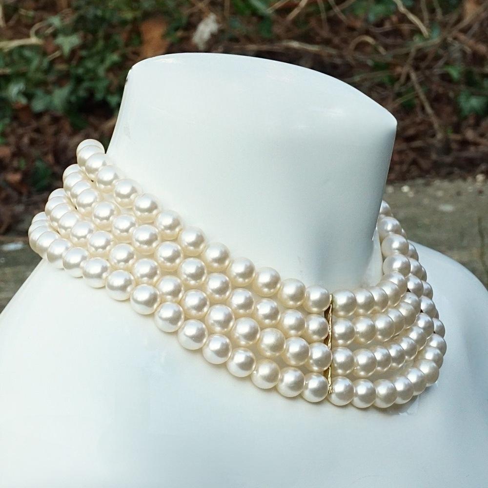 Gold Plated and Four Strand Cream Faux Pearl Necklace In Good Condition For Sale In London, GB