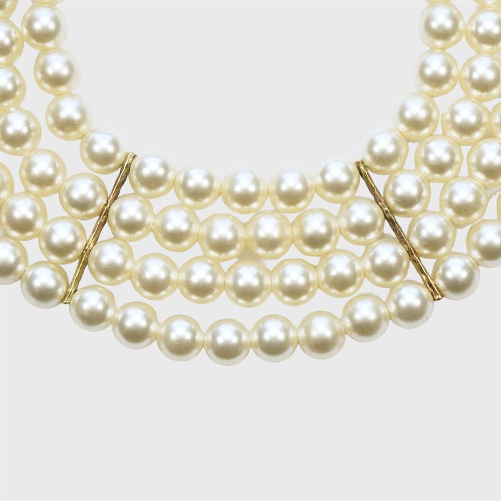 Gold Plated and Four Strand Cream Faux Pearl Necklace For Sale 2