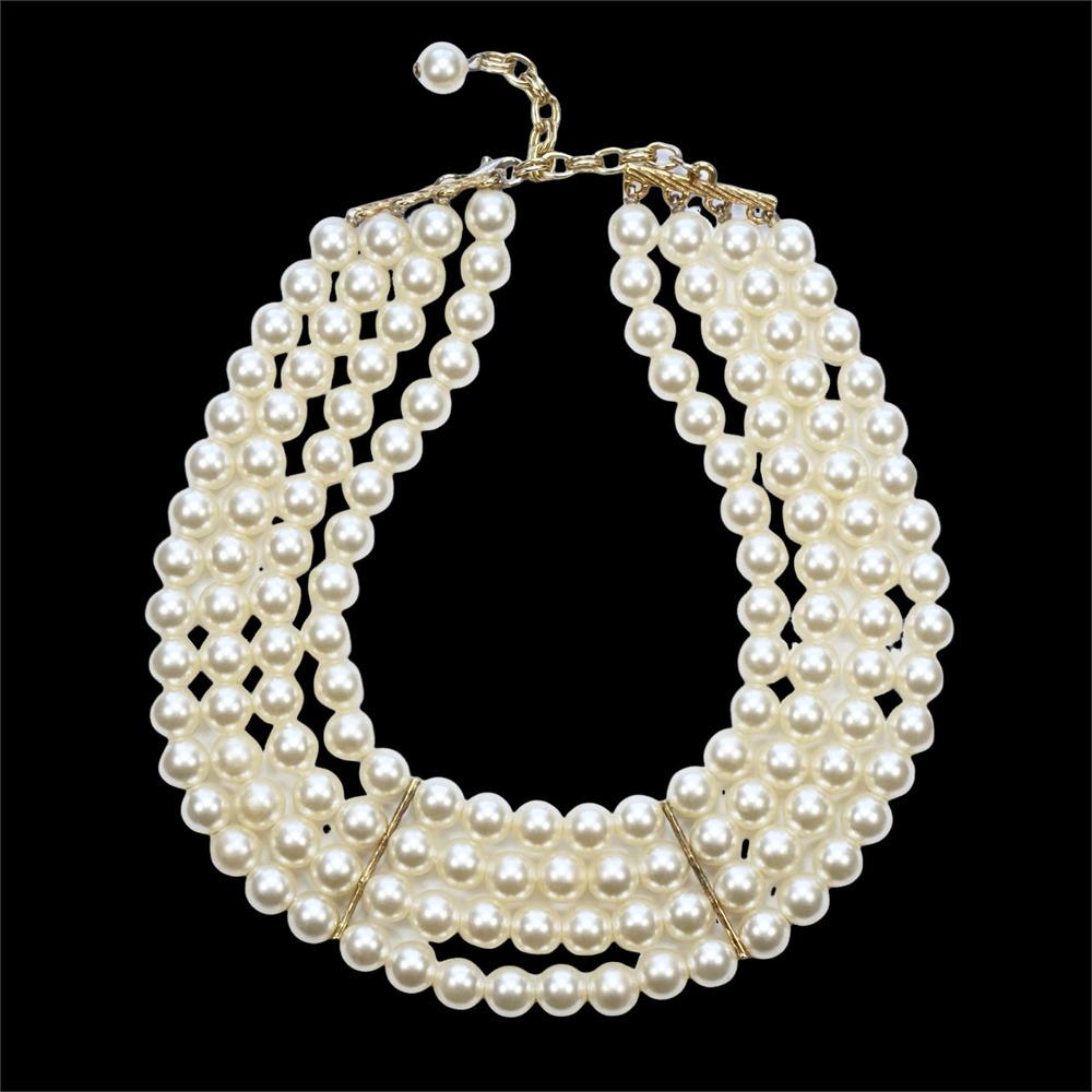 Gold Plated and Four Strand Cream Faux Pearl Necklace For Sale 3