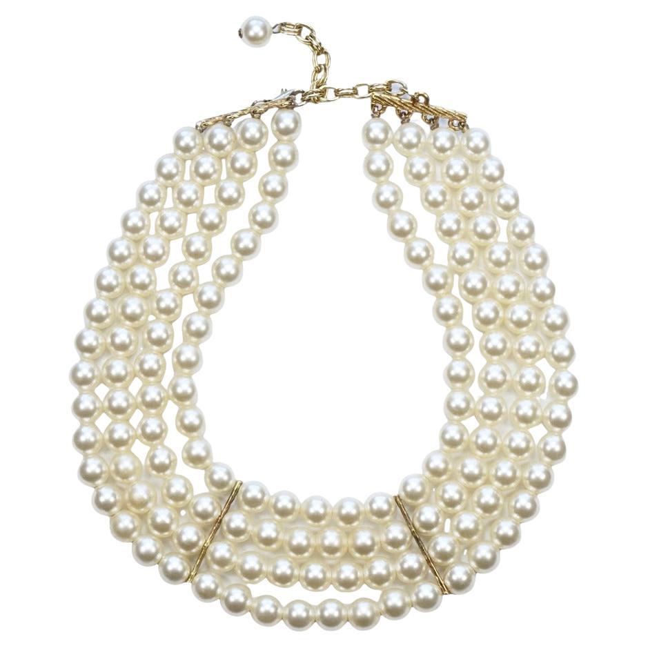Gold Plated and Four Strand Cream Faux Pearl Necklace For Sale