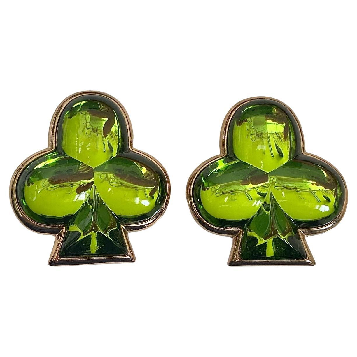 Gold Plated and Green Resin Club Design Clip on Earrings For Sale