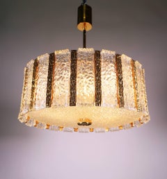 1 (of 2) Kalmar Bronze Drum Chandelier Murano Glass Pendant Light, Gio Ponti Era