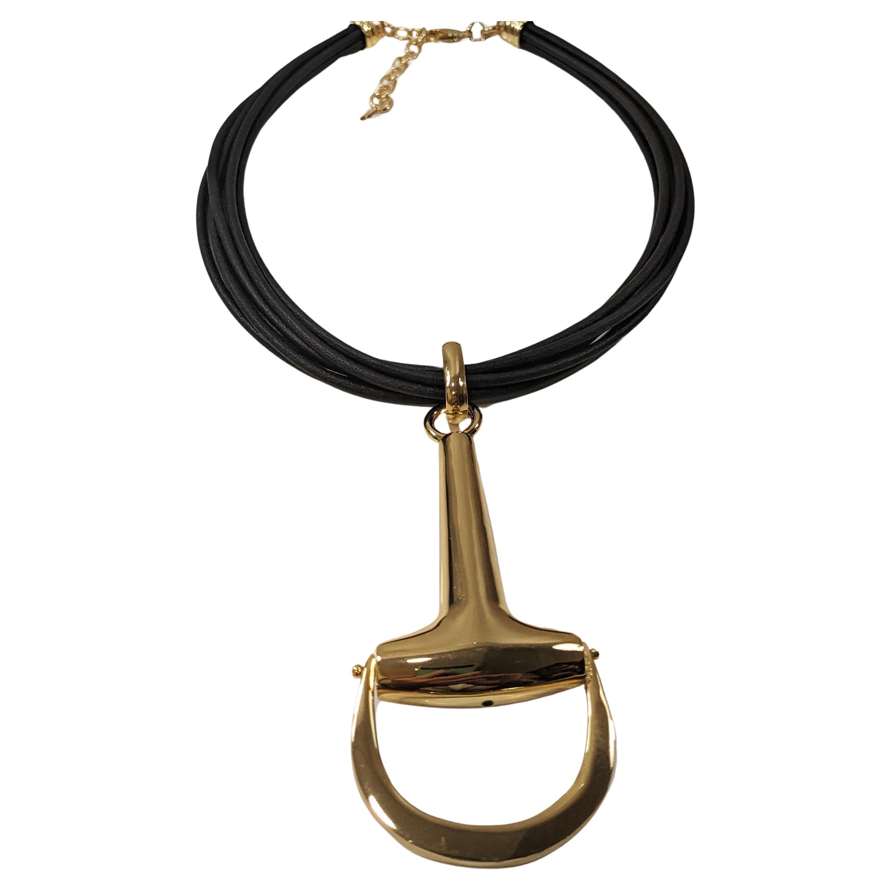  Gold-Plated and Leather Stirrup Necklace For Sale