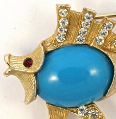 Gold Plated and Mid Blue Belly Fish Brooch with Clear and Red Rhinestones