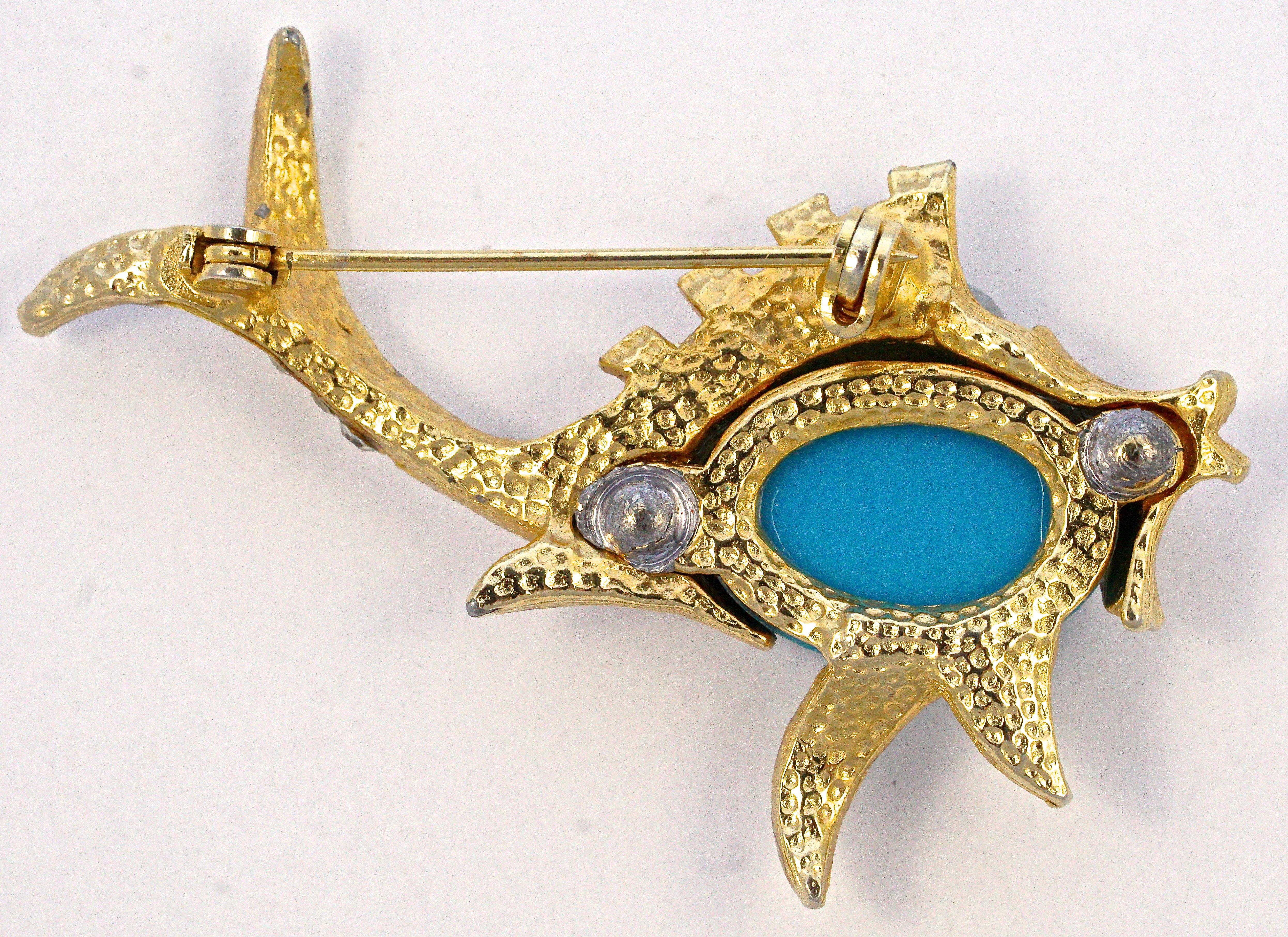 Gold Plated and Mid Blue Belly Fish Brooch with Clear and Red Rhinestones In Good Condition For Sale In London, GB