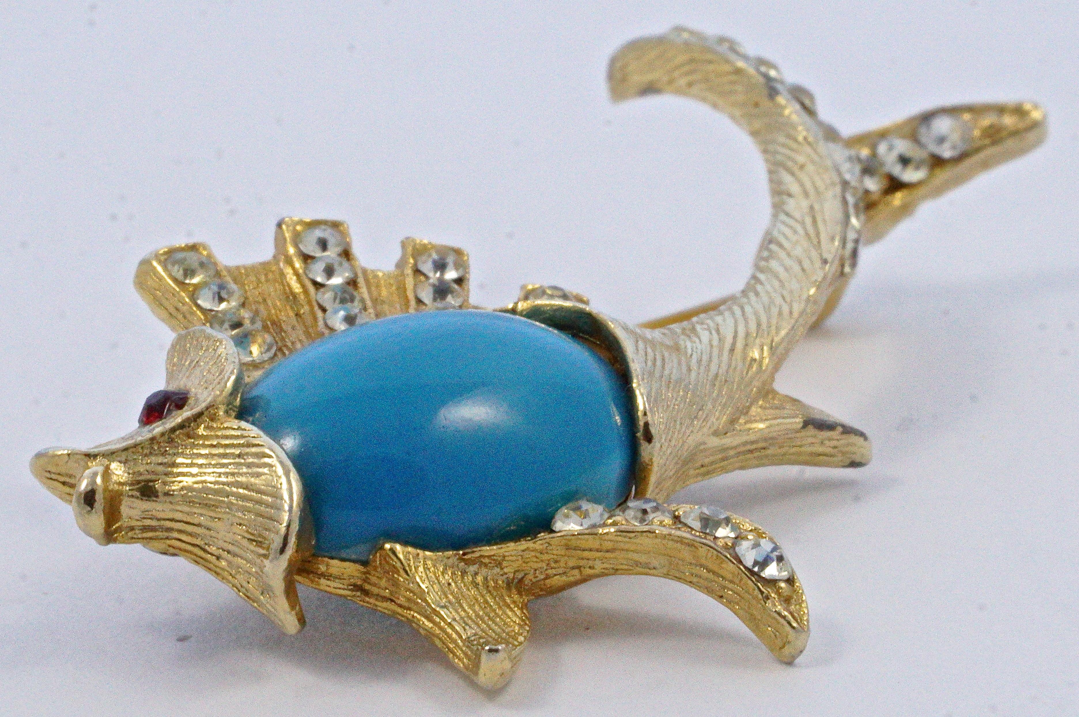 Gold Plated and Mid Blue Belly Fish Brooch with Clear and Red Rhinestones For Sale 1