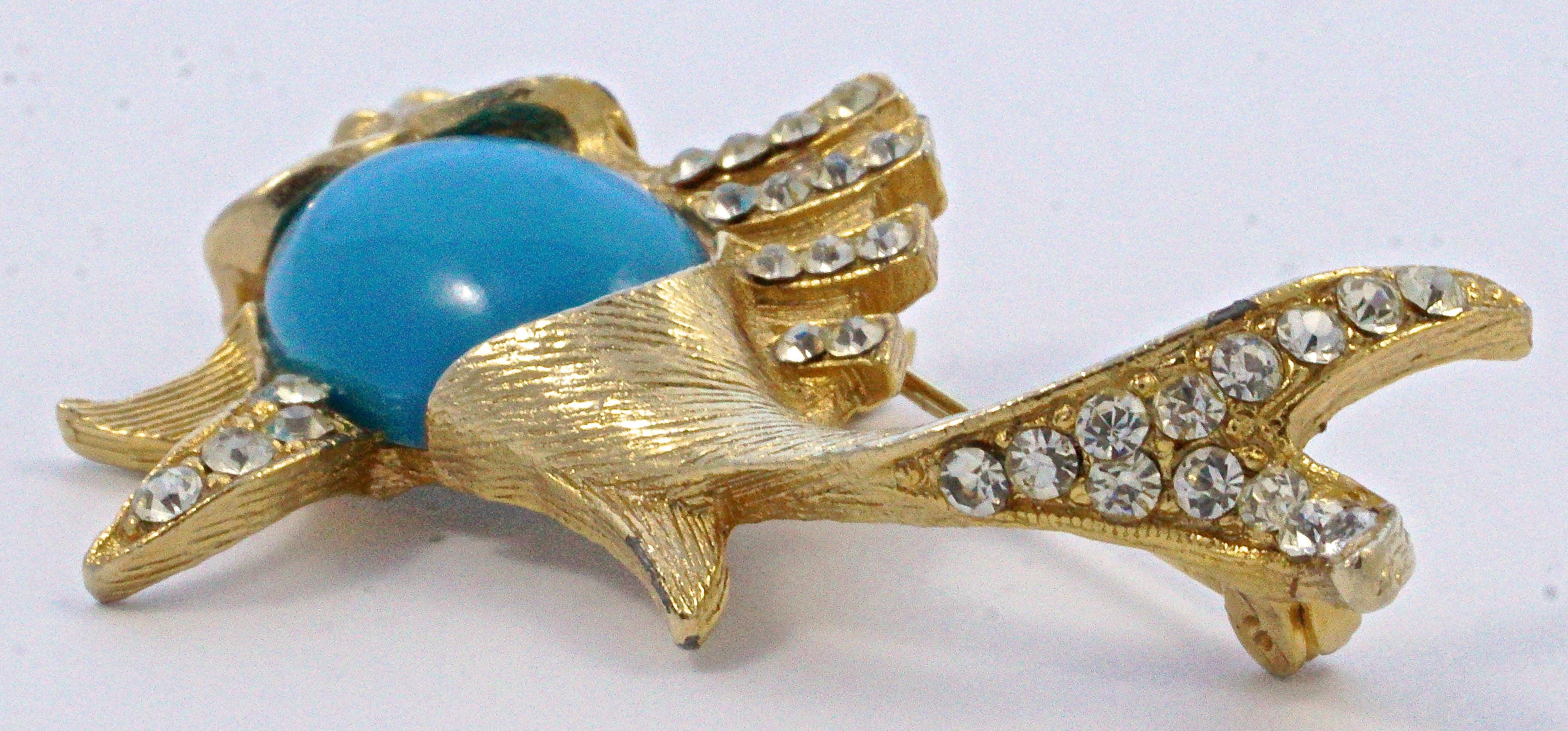 Gold Plated and Mid Blue Belly Fish Brooch with Clear and Red Rhinestones For Sale 2