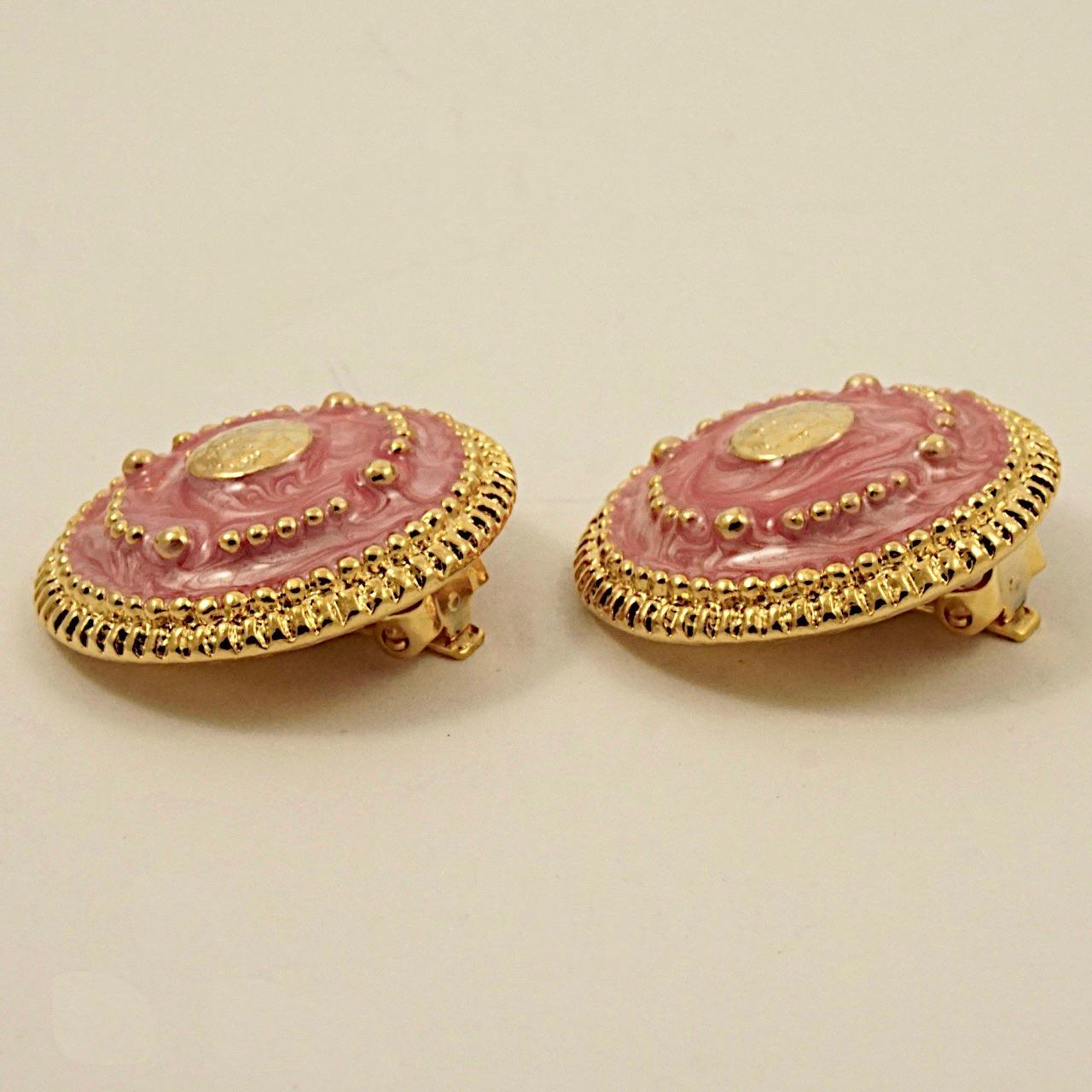 Gold Plated and Pink Enamel Clip On Earrings circa 1980s In Excellent Condition For Sale In London, GB