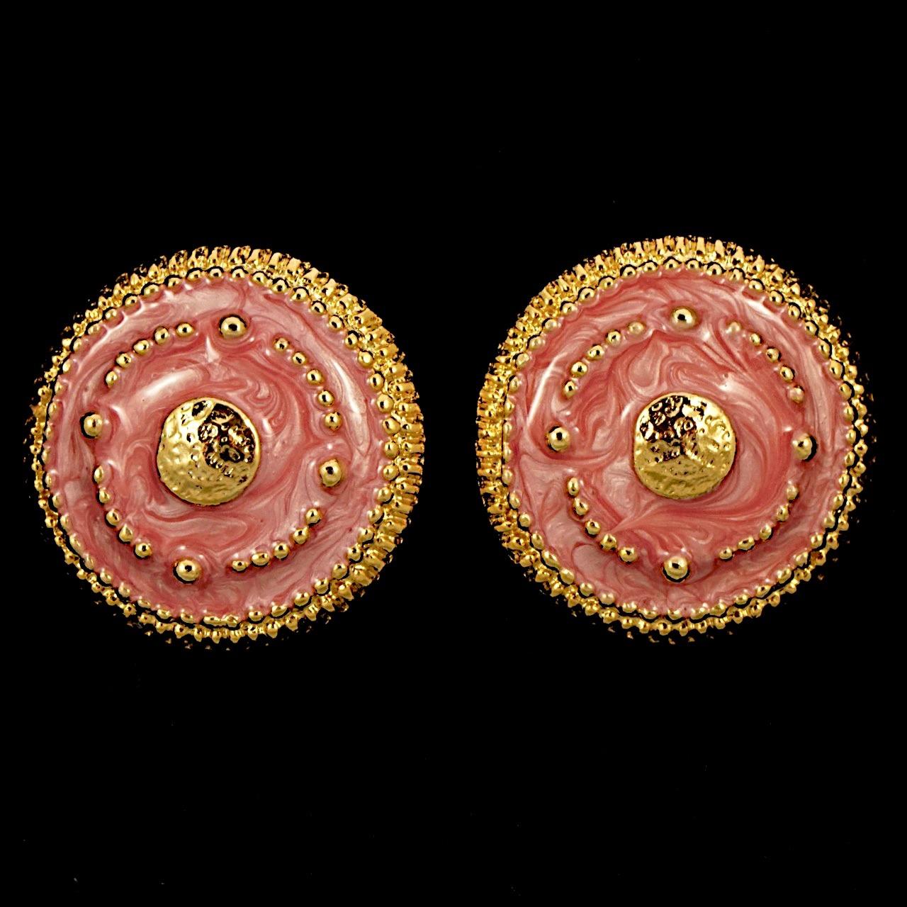 Gold Plated and Pink Enamel Clip On Earrings circa 1980s For Sale 2