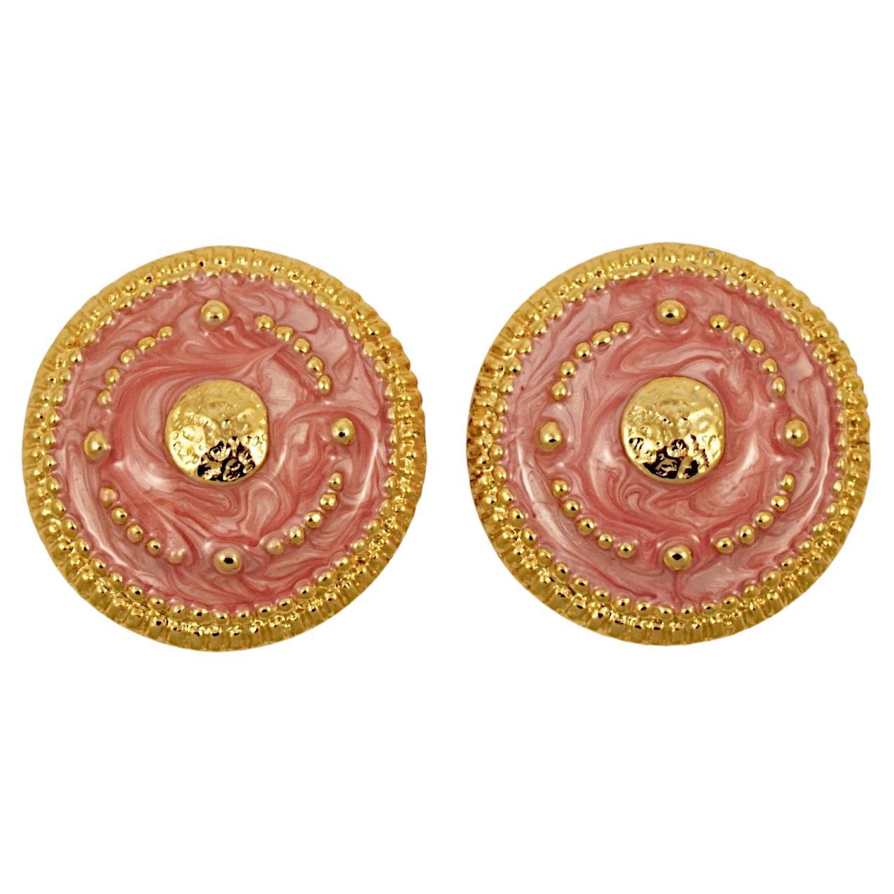 Gold Plated and Pink Enamel Clip On Earrings circa 1980s For Sale