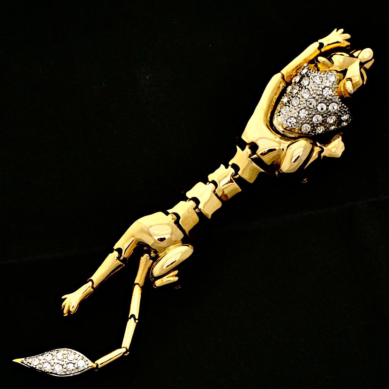 Gold Plated and Rhinestone Articulated Lion Shoulder Brooch circa 1980s For Sale 4