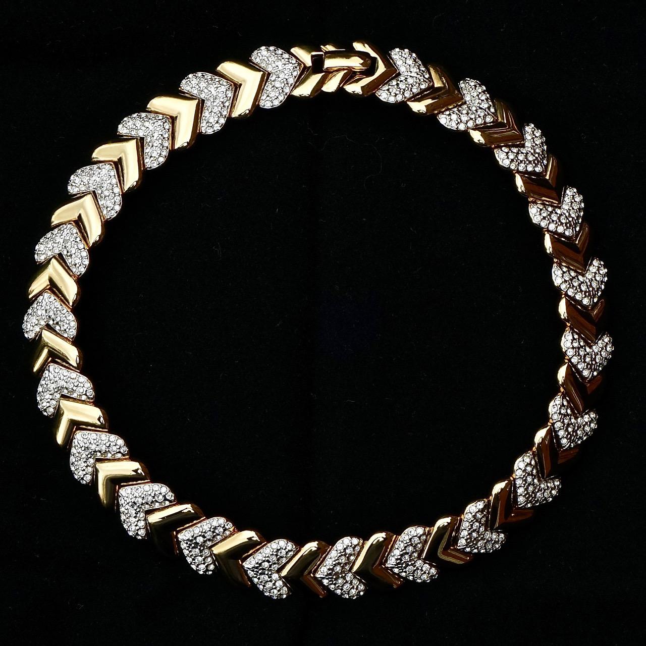 Gold Plated and Rhinestone Heavy Chevron Collar Necklace circa 1980s For Sale 6