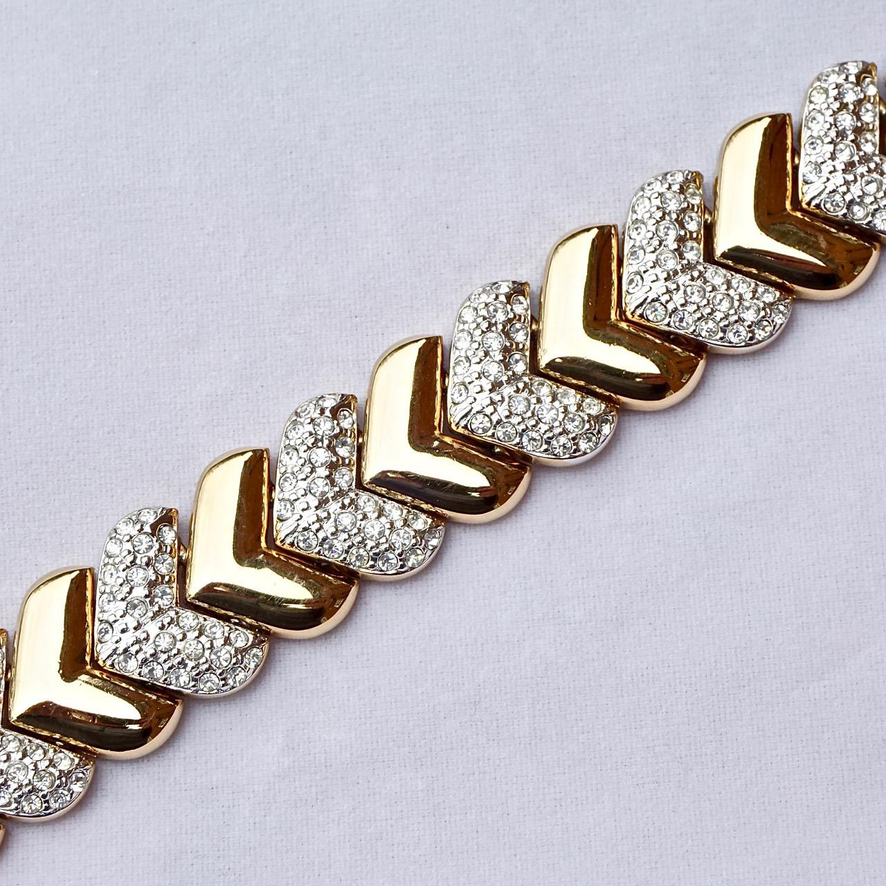 Women's or Men's Gold Plated and Rhinestone Heavy Chevron Collar Necklace circa 1980s For Sale