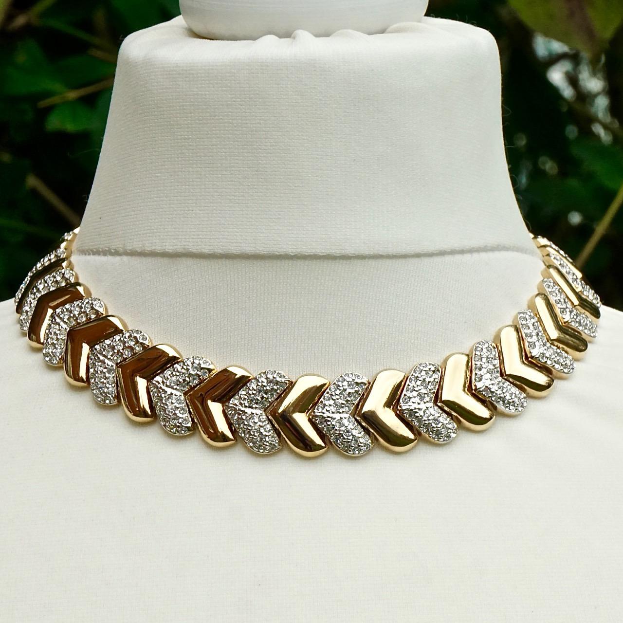 Gold Plated and Rhinestone Heavy Chevron Collar Necklace circa 1980s For Sale 3