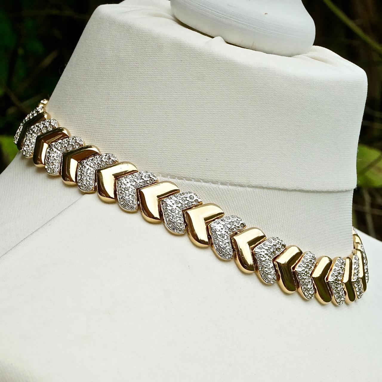 Gold Plated and Rhinestone Heavy Chevron Collar Necklace circa 1980s For Sale 4