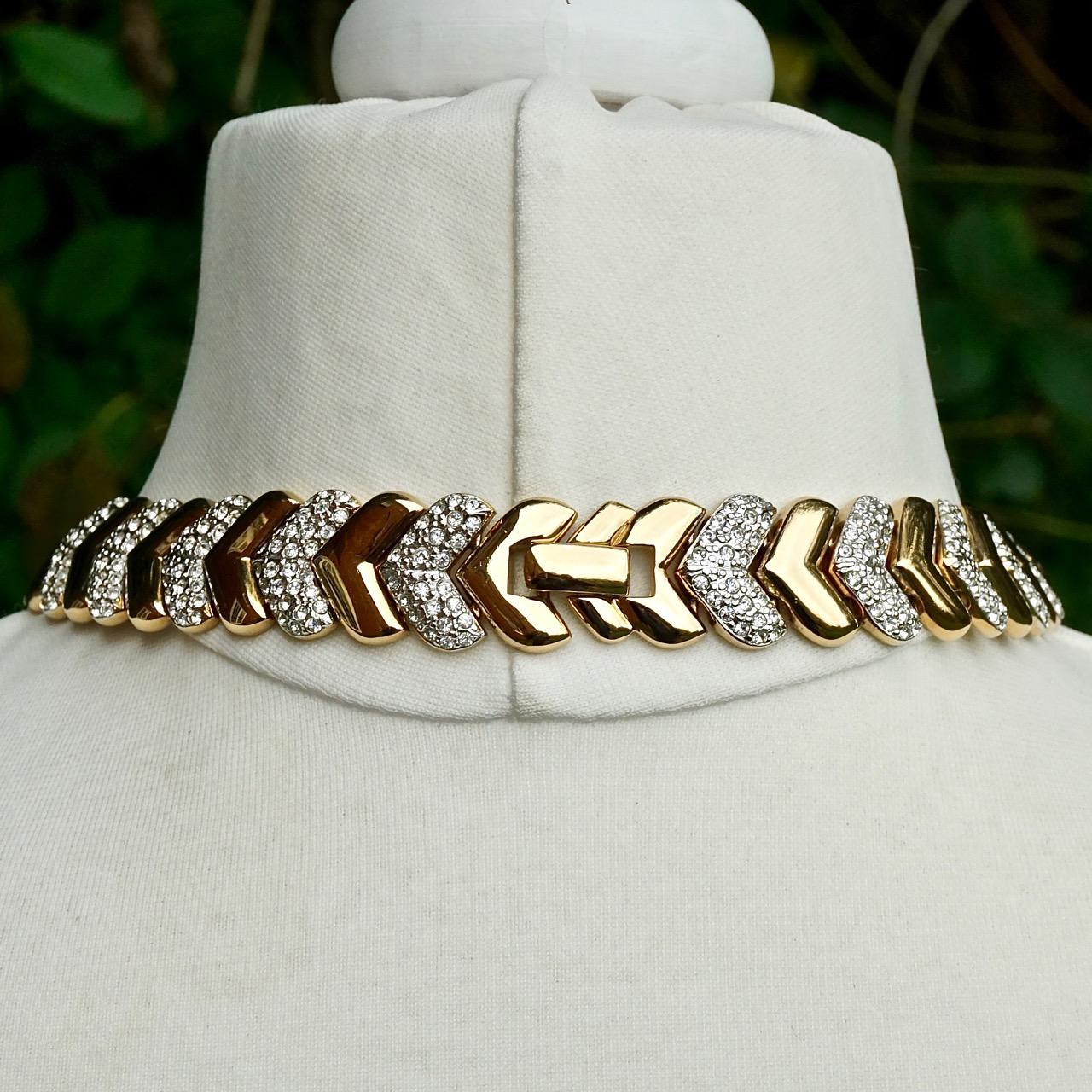 Gold Plated and Rhinestone Heavy Chevron Collar Necklace circa 1980s For Sale 5