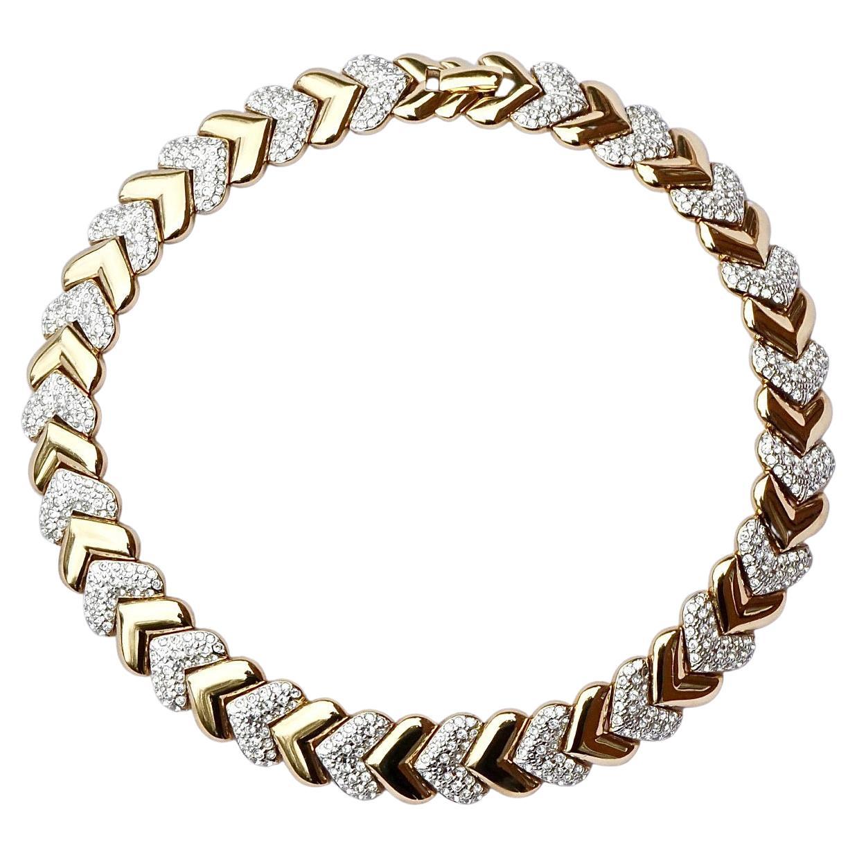 Gold Plated and Rhinestone Heavy Chevron Collar Necklace circa 1980s For Sale
