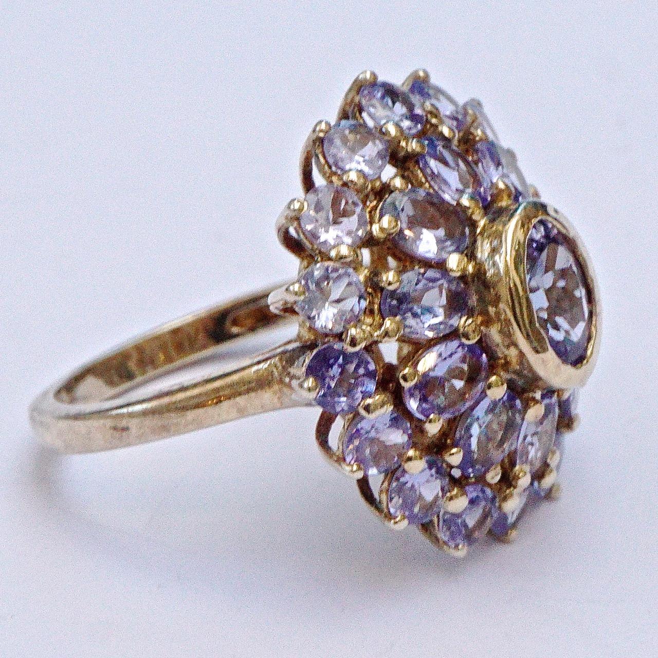 Women's or Men's Gold Plated and Silver Faux Tanzanite Dress Ring circa 1990s For Sale