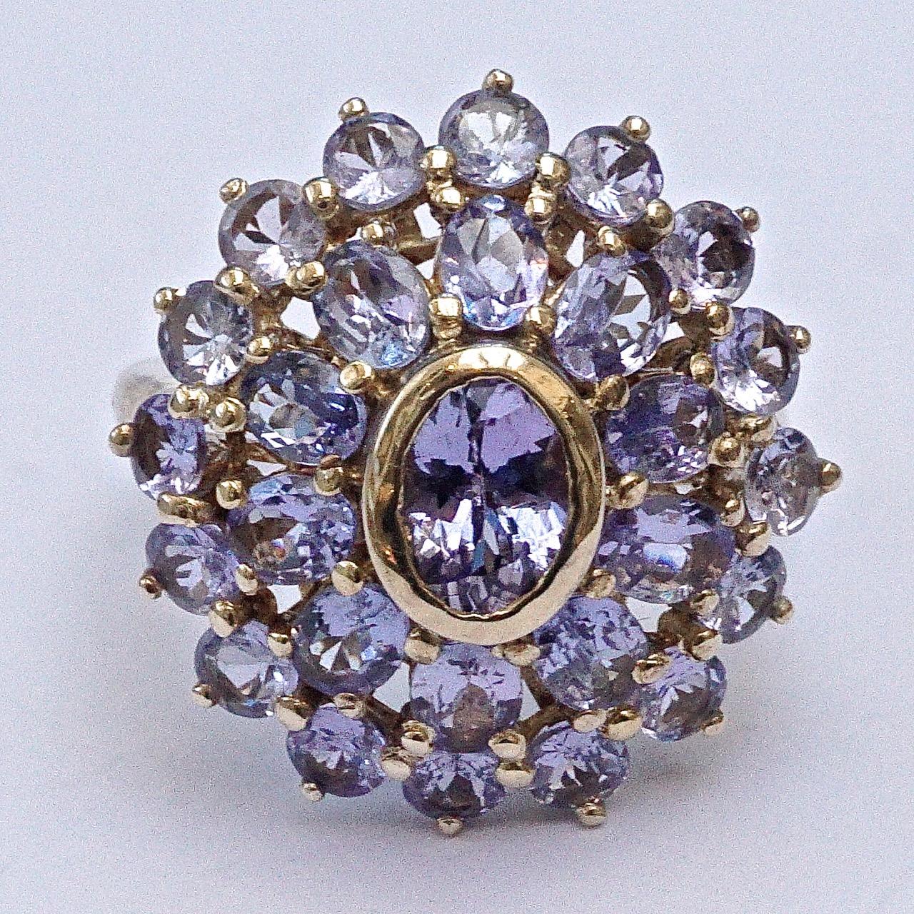Women's or Men's Gold Plated and Silver Faux Tanzanite Dress Ring circa 1990s