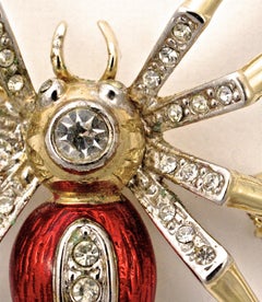 Gold Plated and Silver Plated Clear Rhinestone and Red Enamel Spider Brooch