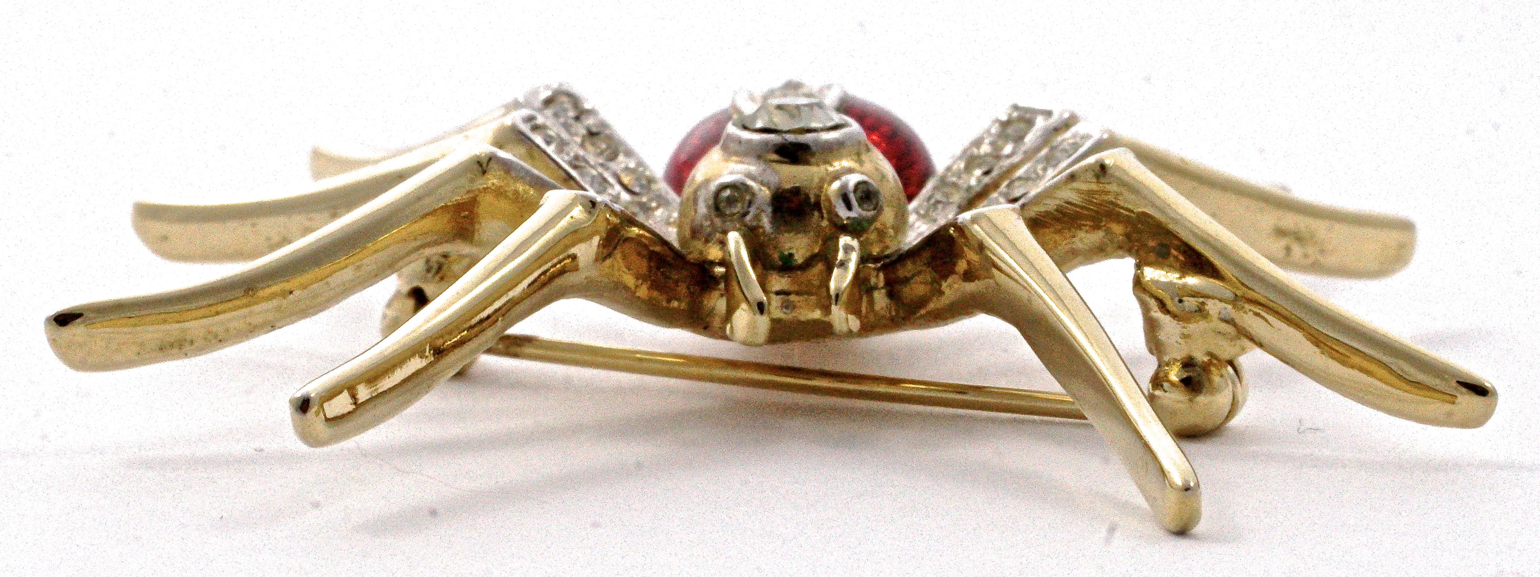 Gold Plated and Silver Plated Clear Rhinestone and Red Enamel Spider Brooch In Good Condition In London, GB