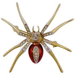 Vintage Gold Plated and Silver Plated Clear Rhinestone and Red Enamel Spider Brooch