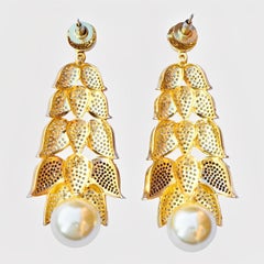 Gold Plated and Silver Plated Rhinestone Leaf Faux Pearl Drop Statement Earrings