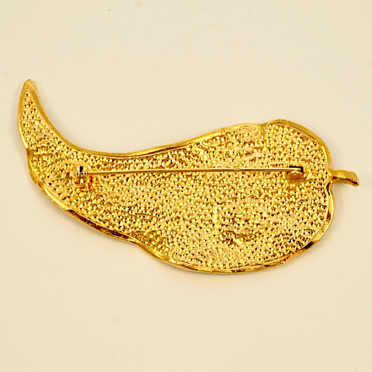 Gold Plated and Teal Enamel Leaf Brooch circa 1980s In Excellent Condition For Sale In London, GB