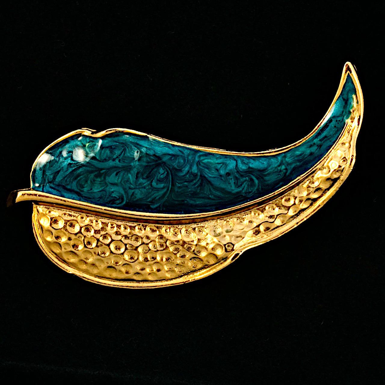 Women's or Men's Gold Plated and Teal Enamel Leaf Brooch circa 1980s For Sale