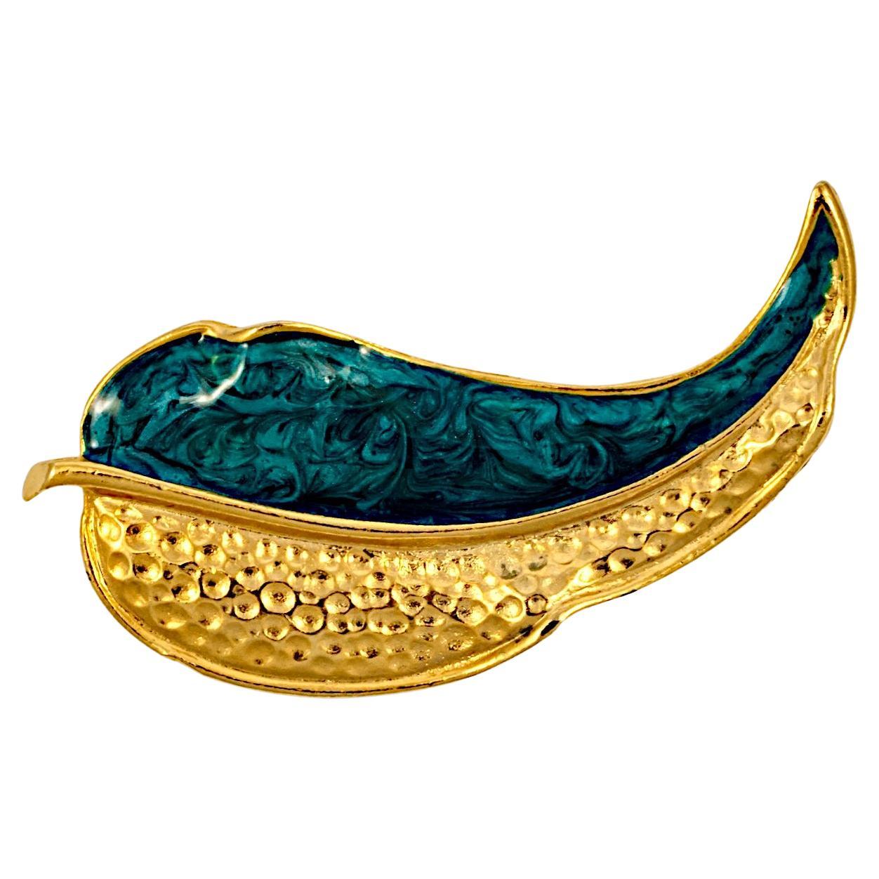Gold Plated and Teal Enamel Leaf Brooch circa 1980s For Sale