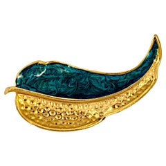 Retro Gold Plated and Teal Enamel Leaf Brooch circa 1980s