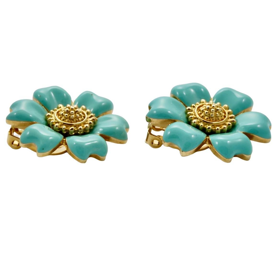 Boucles d'oreilles clip fleur en plaqué or et émail turquoise Unisexe en vente
