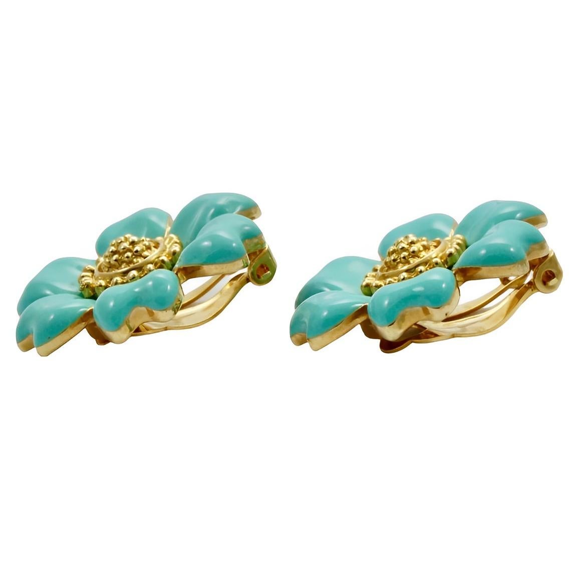 Gold Plated and Turquoise Enamel Flower Clip On Earrings For Sale 1