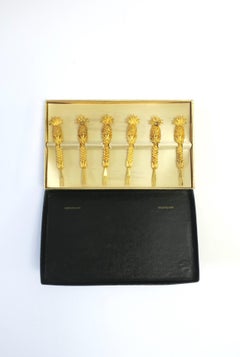 Gold Plated Appetizer Canapé Hor D'oeuvres Forks with Pineapple Design, 1960s