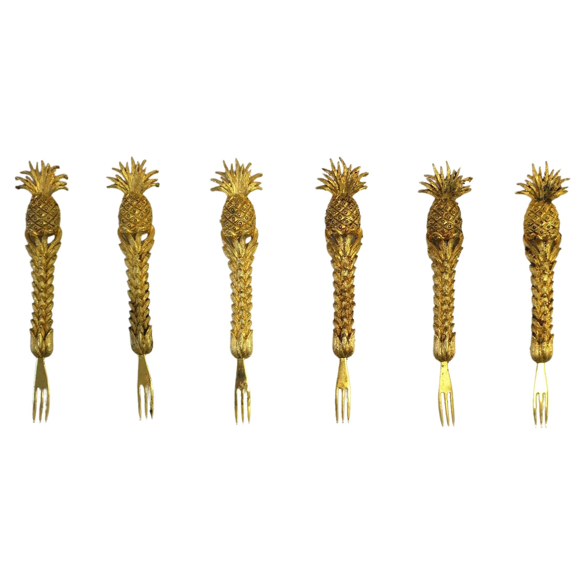 Gold Plated Appetizer Canapé Hor D'oeuvres Forks with Pineapple Design, 1960s For Sale