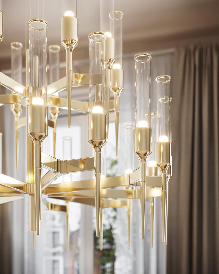 Araña de estilo Art Déco chapada en oro con elegantes elementos tubulares Hecho a mano en venta