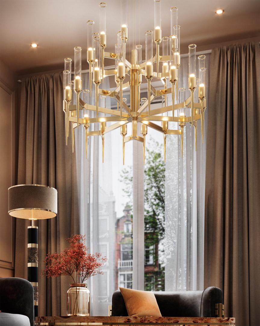 Araña de estilo Art Déco chapada en oro con elegantes elementos tubulares en Nuevo estado para la venta en NEW YORK, NY