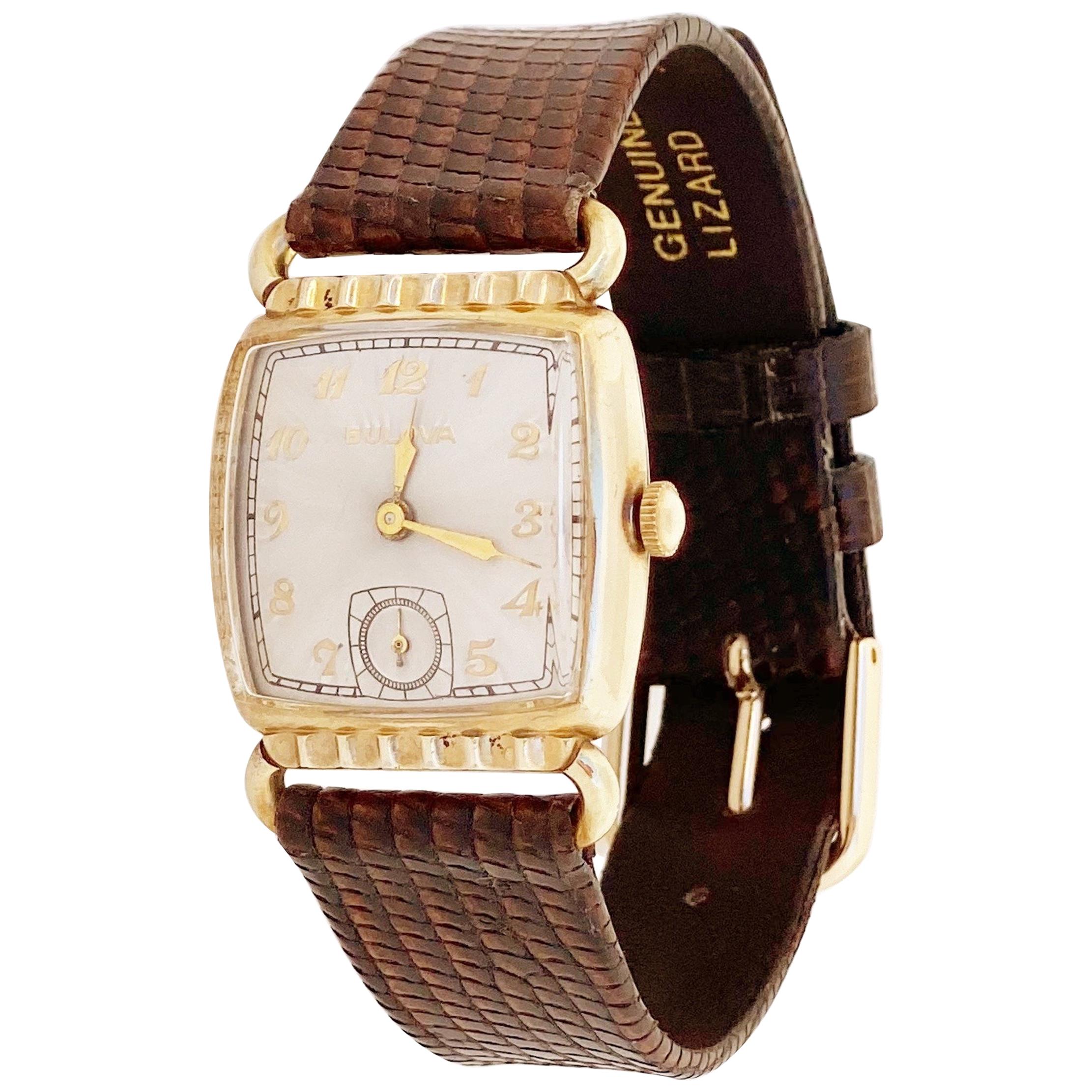 Gold Plated Art Deco Style Watch with Lizard Leather Strap by Bulova, 1953