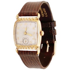 Retro Gold Plated Art Deco Style Watch with Lizard Leather Strap by Bulova, 1953