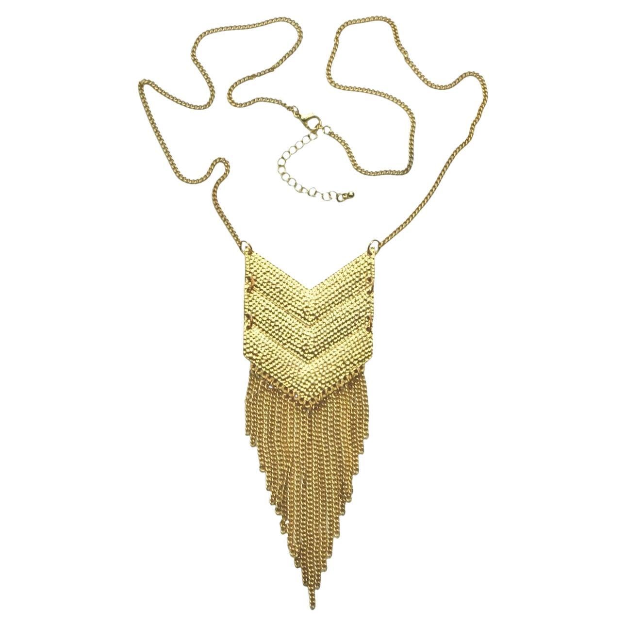 Gold Plated Articulated Textured Chevron Pendant Necklace with Fringe 1970s